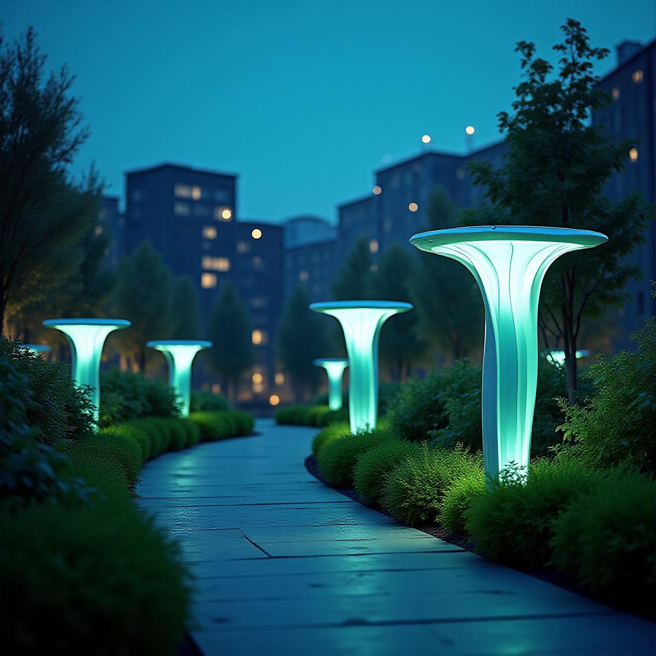 Futuristic urban garden illuminated by bioluminescent-style smart solar posts