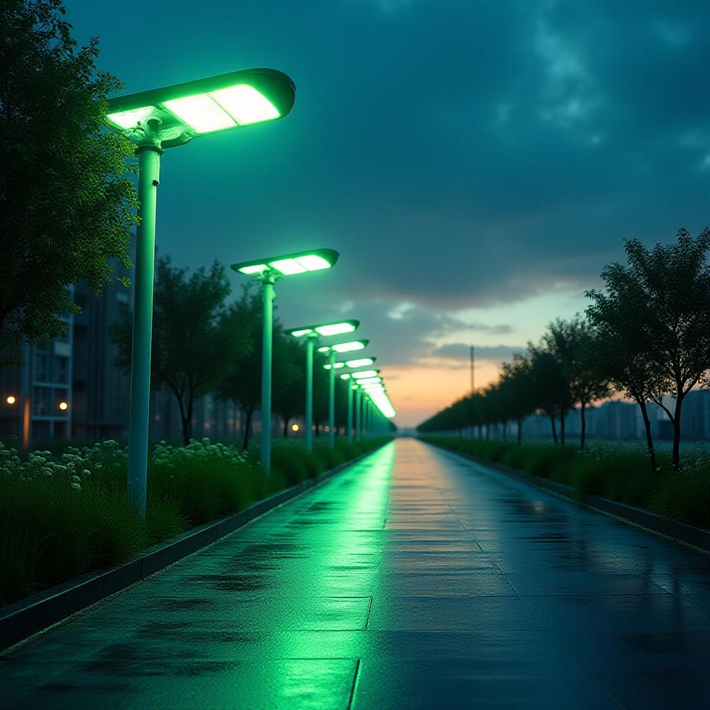Futuristic sustainable street lighting in a green city